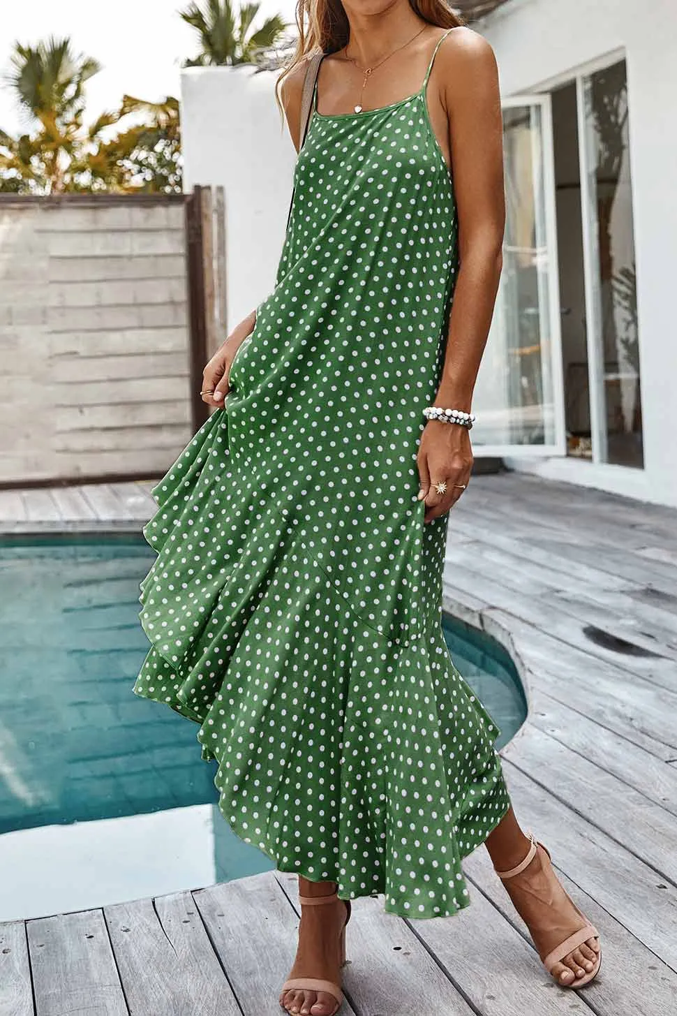 Polka Dot Spaghetti Straps Ruffled Maxi Dress