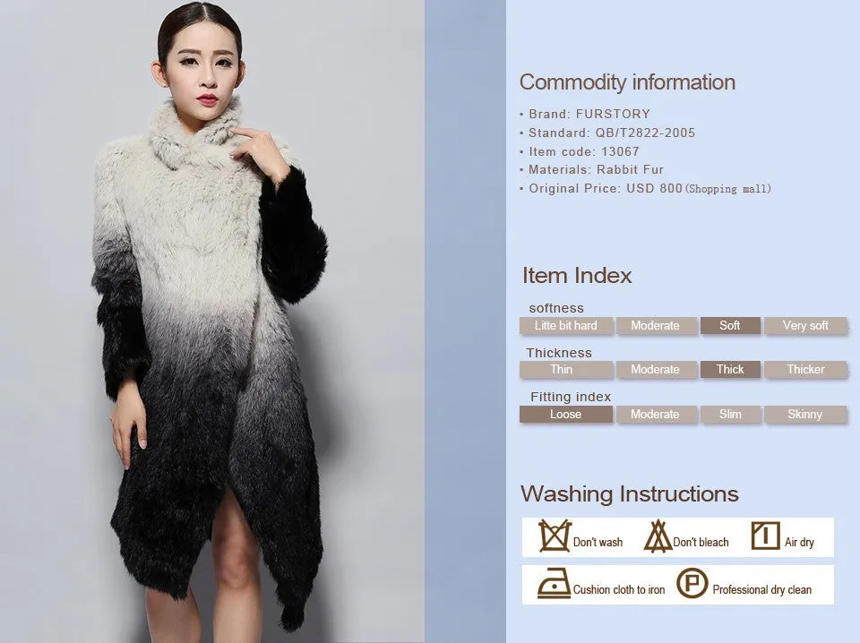 Real Knitted Rabbit Fur Long Coat Two-wear Trench Coat Gradient Color Pattern Overcoat Winter' Dress Furstory FS13067