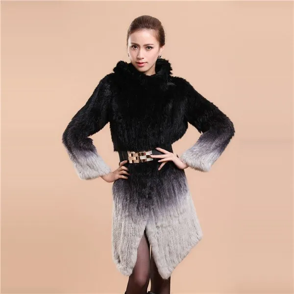 Real Knitted Rabbit Fur Long Coat Two-wear Trench Coat Gradient Color Pattern Overcoat Winter' Dress Furstory FS13067