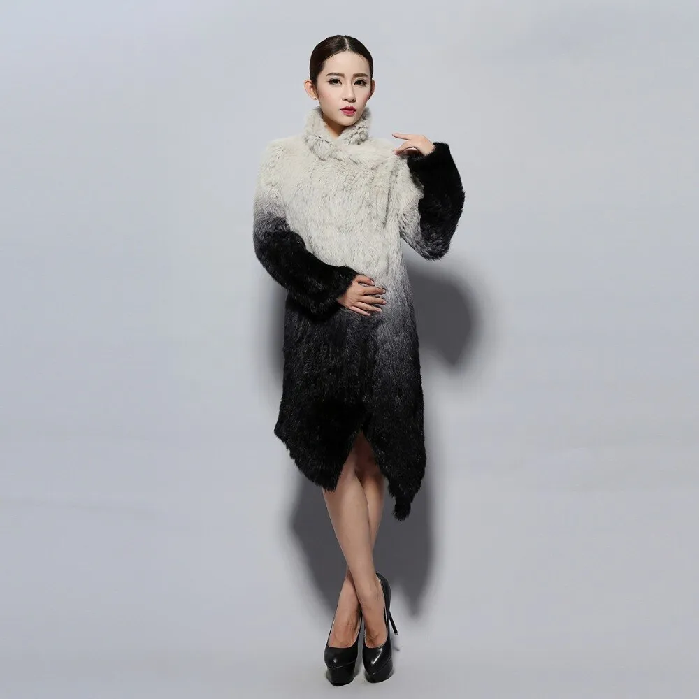 Real Knitted Rabbit Fur Long Coat Two-wear Trench Coat Gradient Color Pattern Overcoat Winter' Dress Furstory FS13067