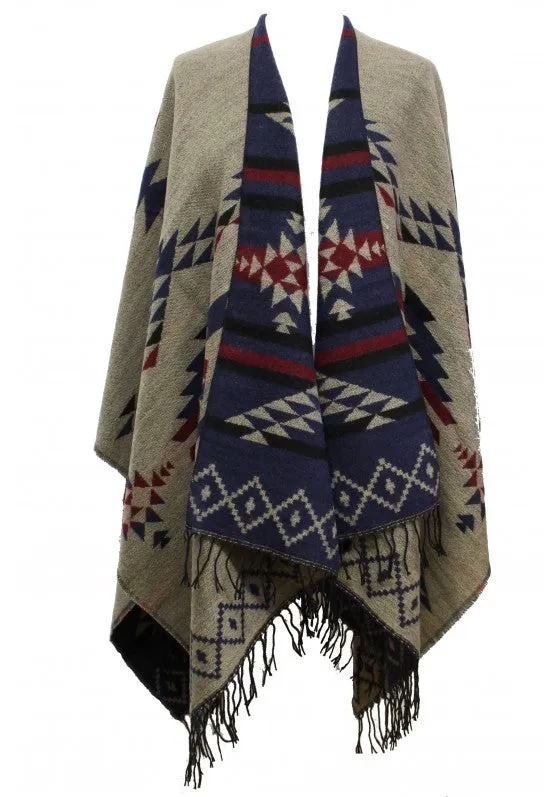 Reversible Aztec Print Winter Poncho/ Shawl