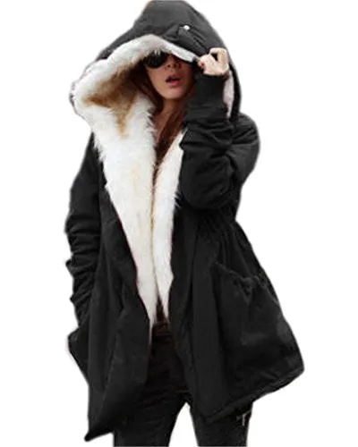 Roiii Women Military Winter Casual Outdoor Coat Hoodie Jacket Long Trench Parkas (XXX-Large / 16, Black)