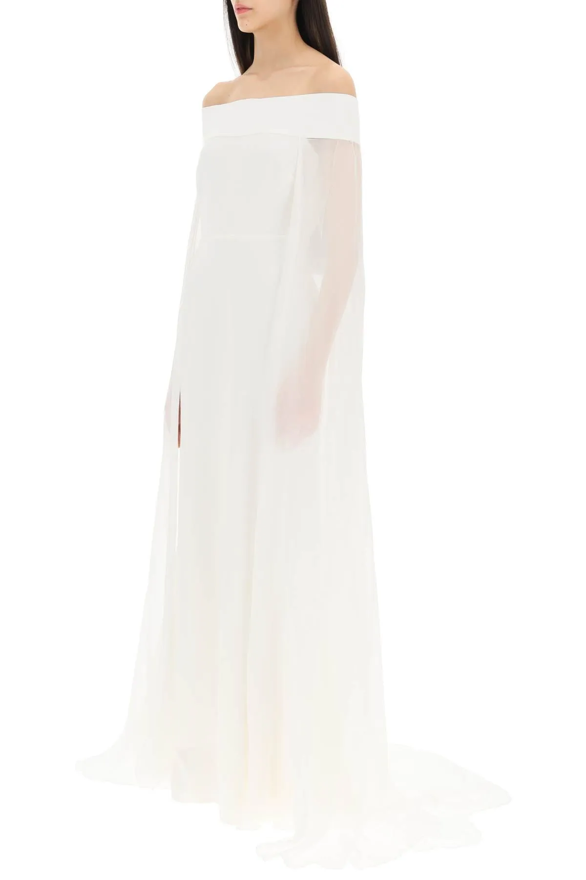 Roland mouret off-the-shoulder cady gown with chiffon cape