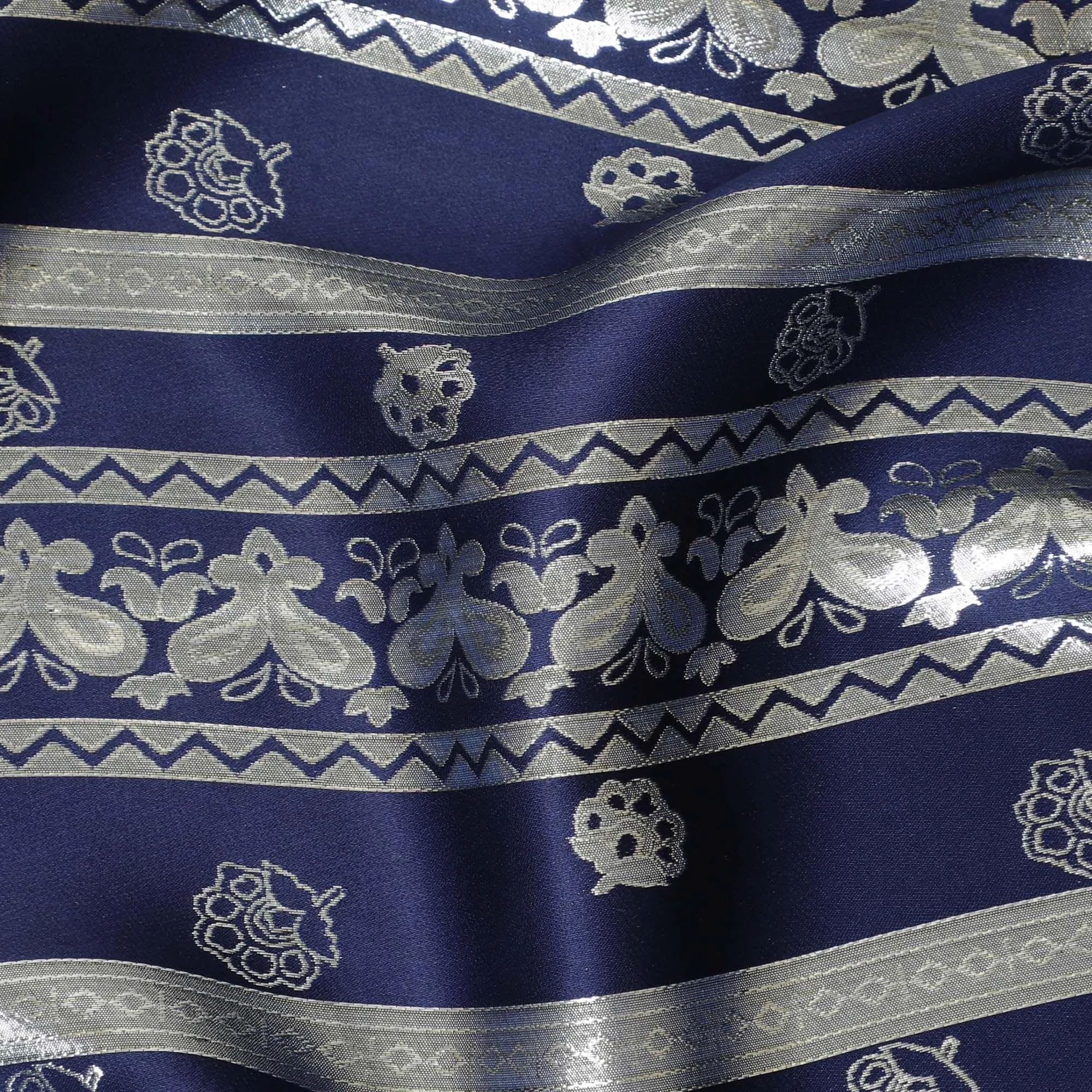 Royal blue pure silk satin fabric with same tone and silver film metallic in stripe design-D11048