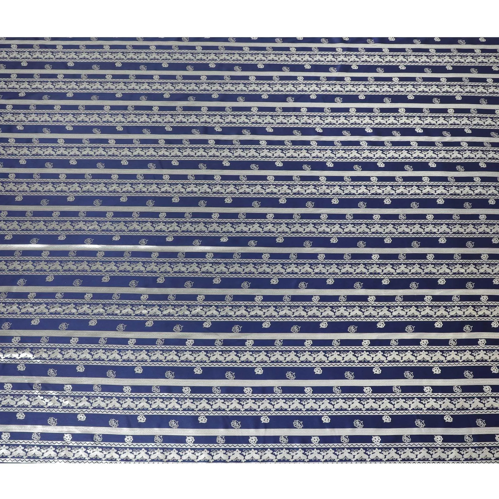 Royal blue pure silk satin fabric with same tone and silver film metallic in stripe design-D11048