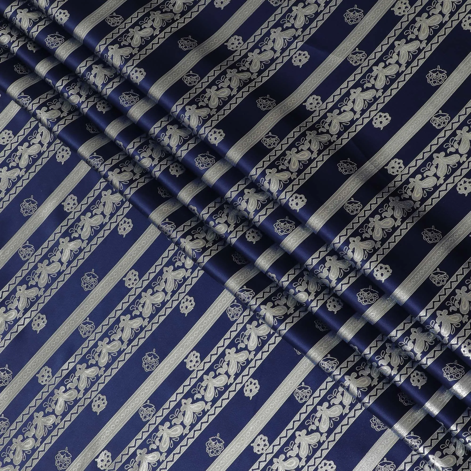 Royal blue pure silk satin fabric with same tone and silver film metallic in stripe design-D11048