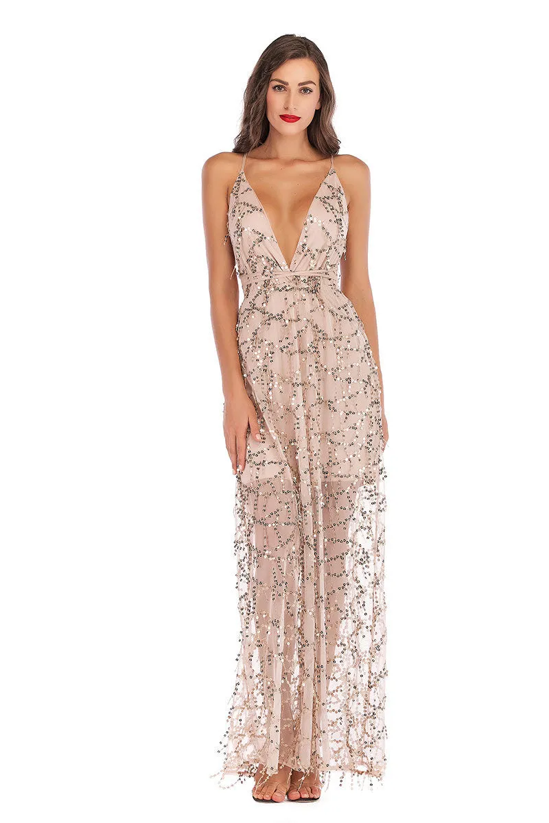 Sexy Deep V Neck Sequined See-through Sparkly Prom Dress