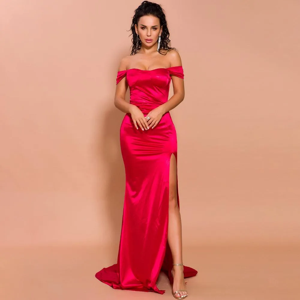 Silky Scarlet Red Off Shoulder Maxi Dress