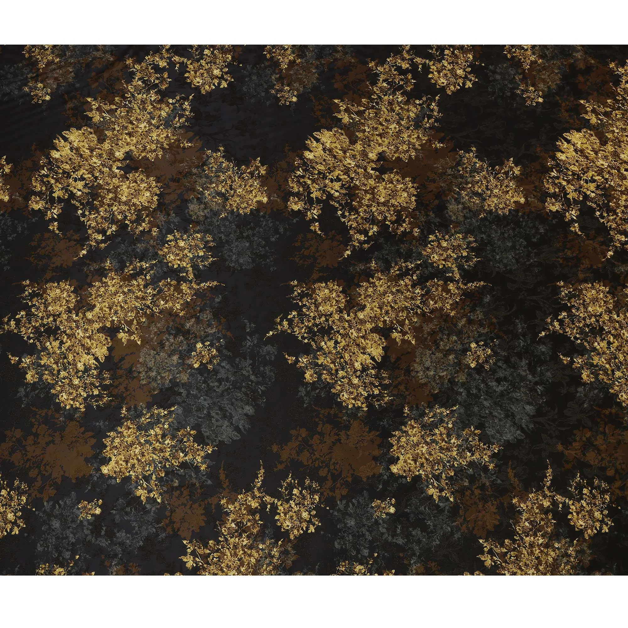 South Korean Silk Satin Fabric with Metallic Floral Design on Black and Gold Background – 150 cm Width-D20337