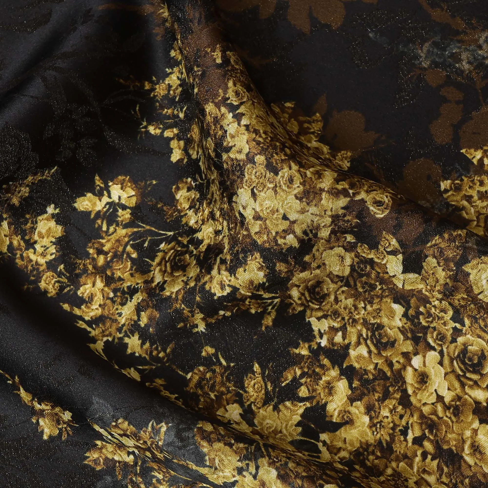 South Korean Silk Satin Fabric with Metallic Floral Design on Black and Gold Background – 150 cm Width-D20337