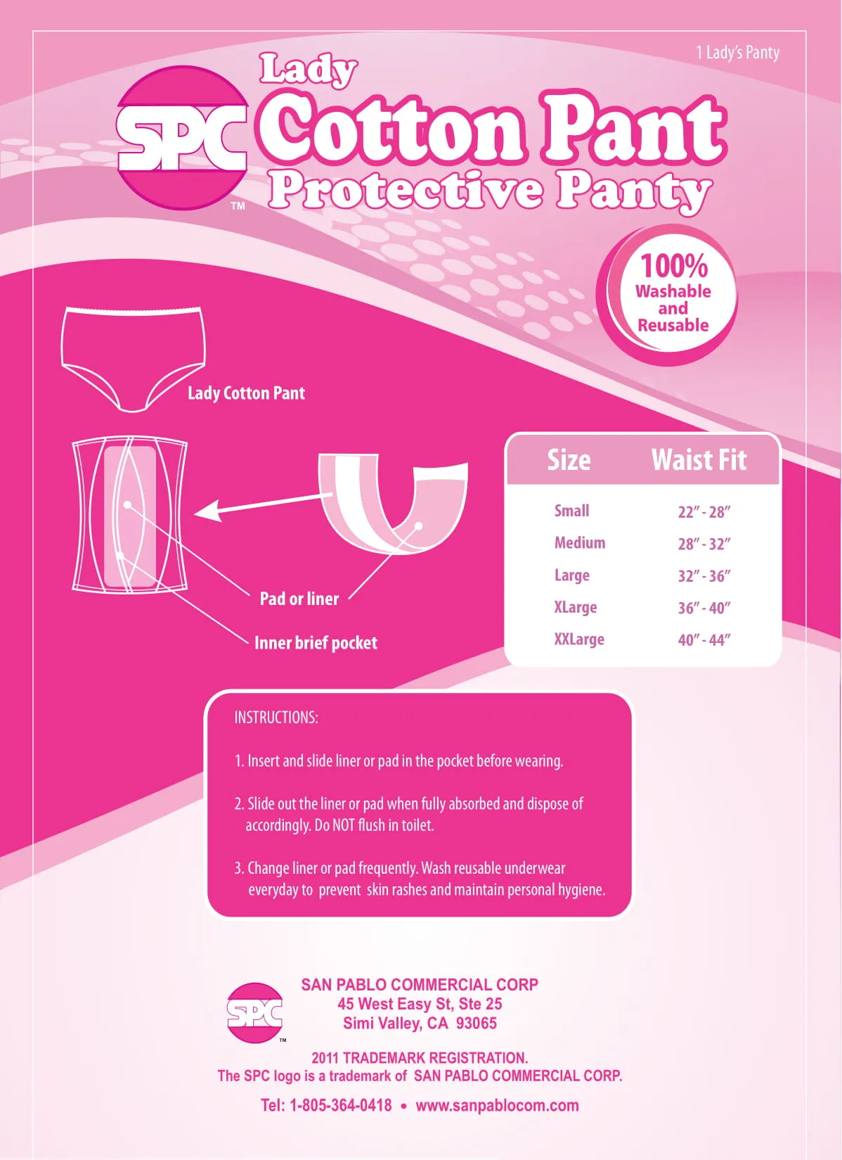 SPC Women's Protective Underwear, Reusable Cotton Panty