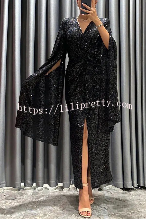 Spotlight Darling Sequin Cape Sleeve Cross Waist Slit Evening Midi Dress