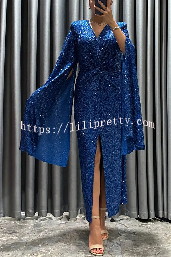 Spotlight Darling Sequin Cape Sleeve Cross Waist Slit Evening Midi Dress