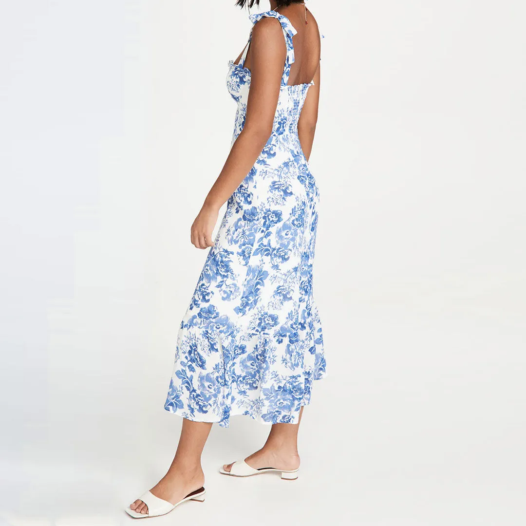 Summery Ruffle Trim Floral Printed Tie Strap Midi Sundress - Blue