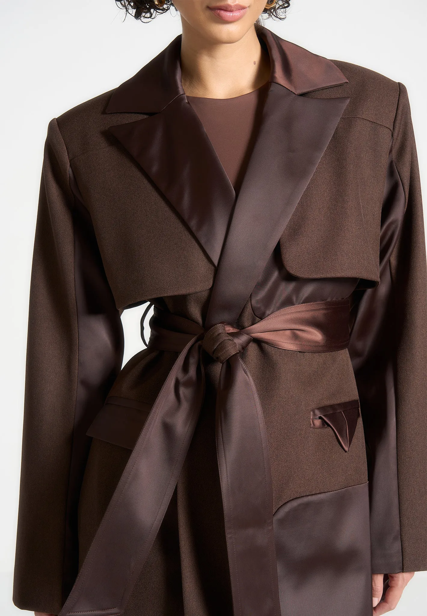 Tailored Satin Trench Coat - Brown