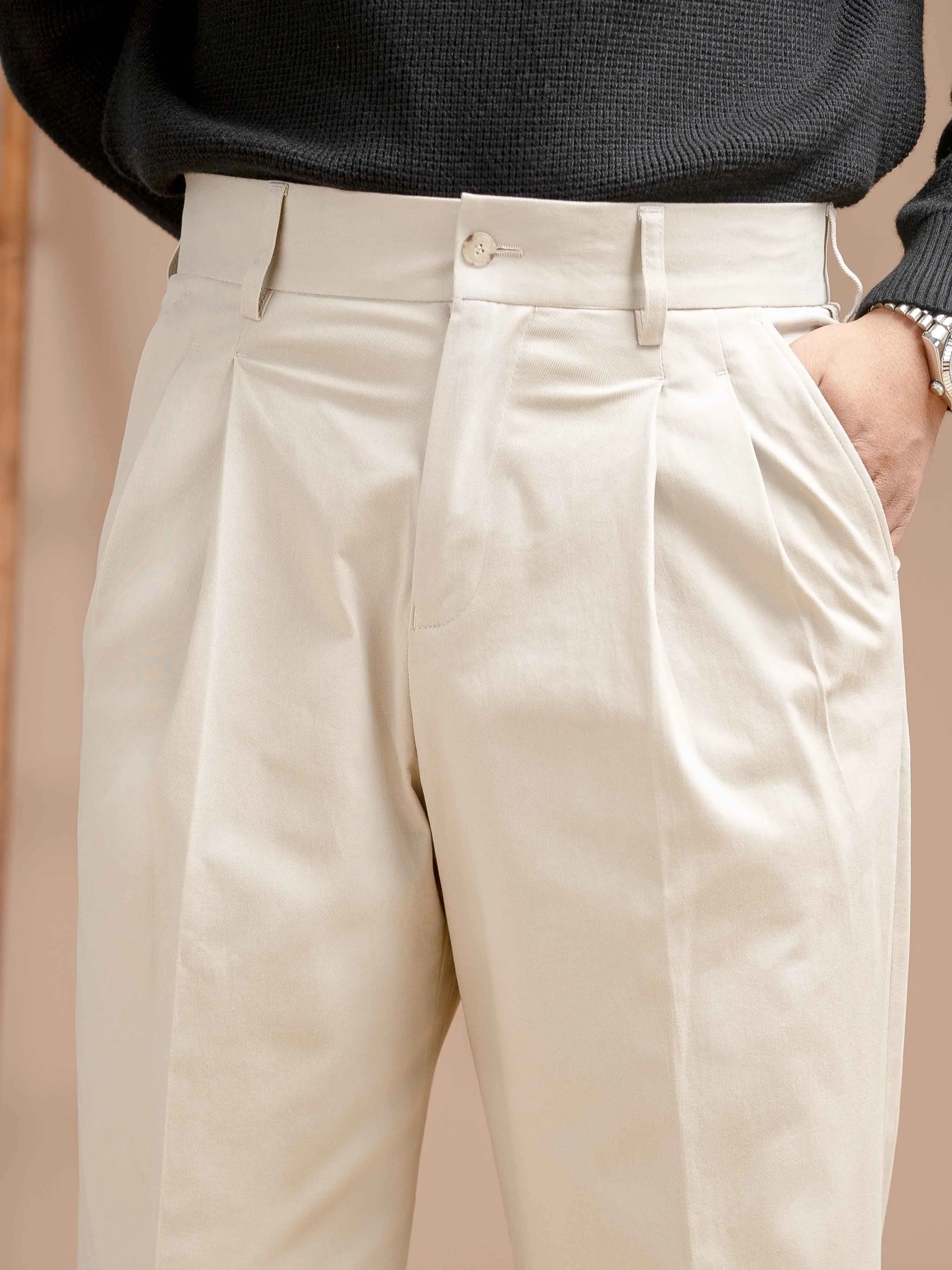 Venezia Pleated Trousers -Beige Apricot (Wide Fit)