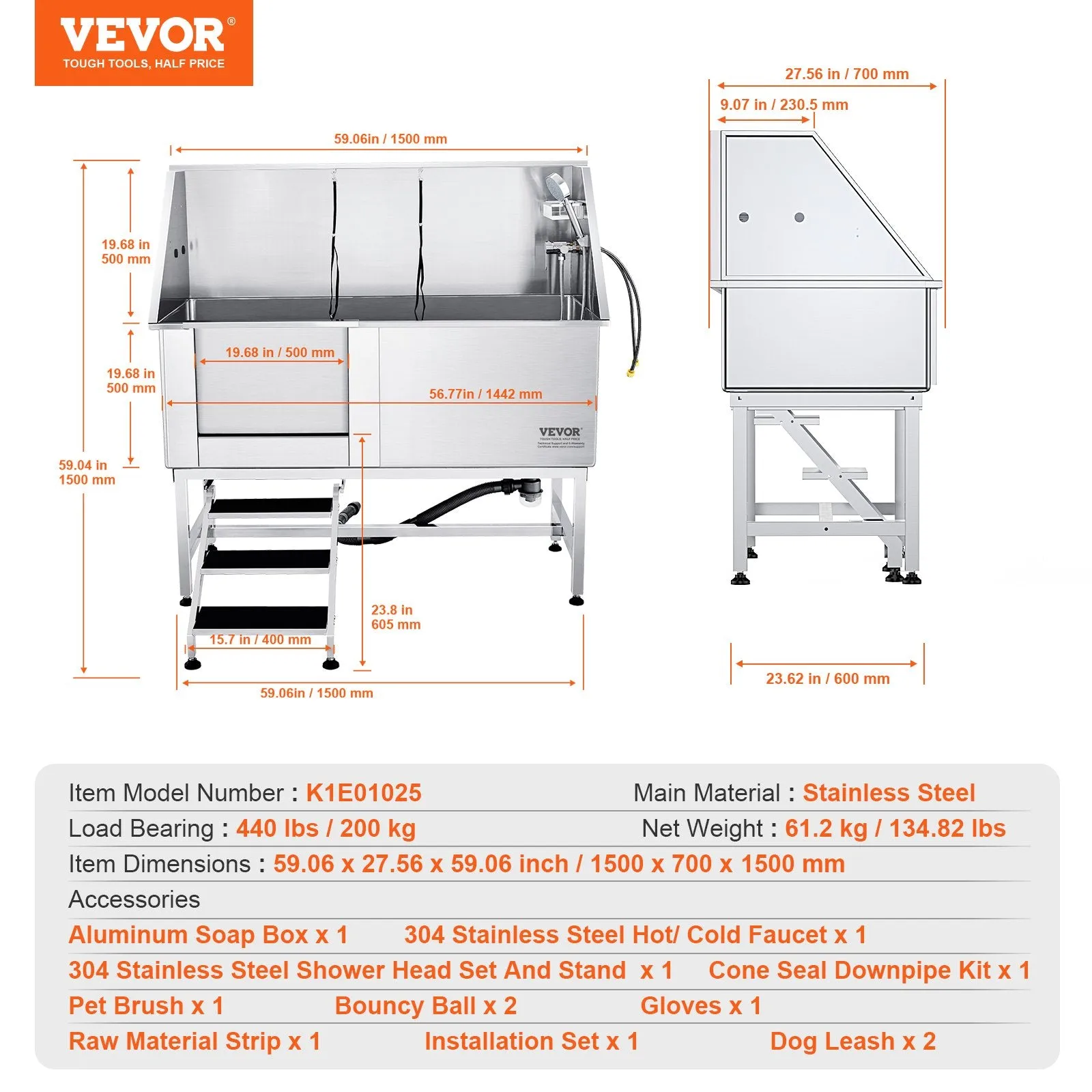 Vevor 62" Dog Grooming Tub Stainless Steel 440 Lbs. Capacity with Left Door and Stairs New