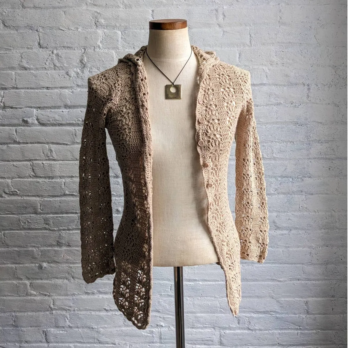 Vintage Crochet Oatmeal Boho Hippie Cardigan Desert Fairy Floral Earthy Shacket