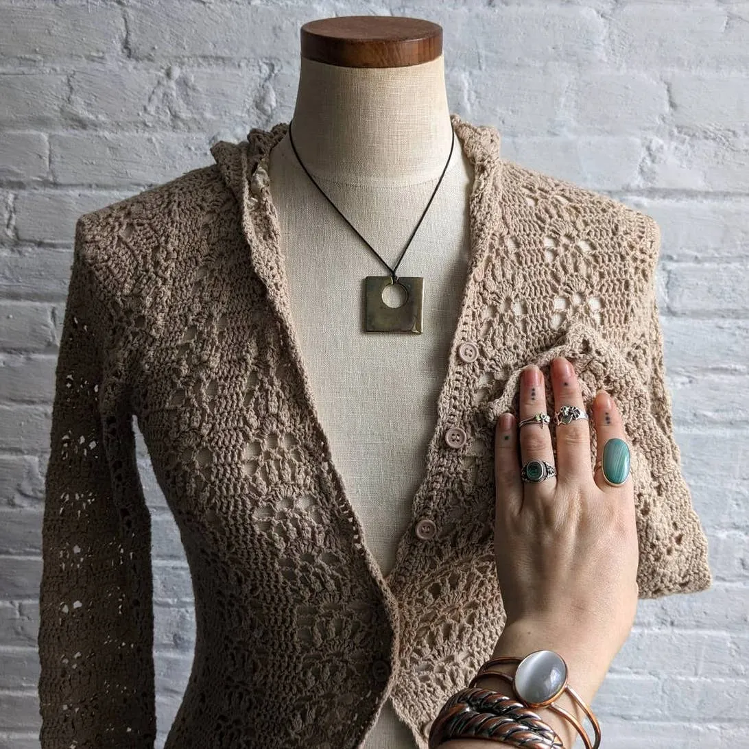 Vintage Crochet Oatmeal Boho Hippie Cardigan Desert Fairy Floral Earthy Shacket