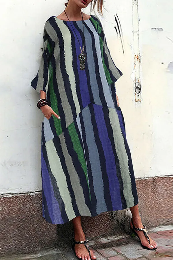 Vintage Striped Pockets Maxi Dress