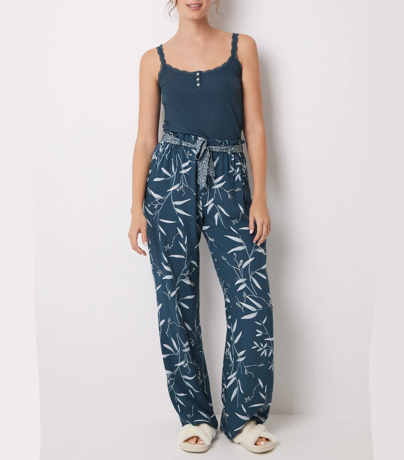 Viscose Lounge Pants With Leaf Green Print