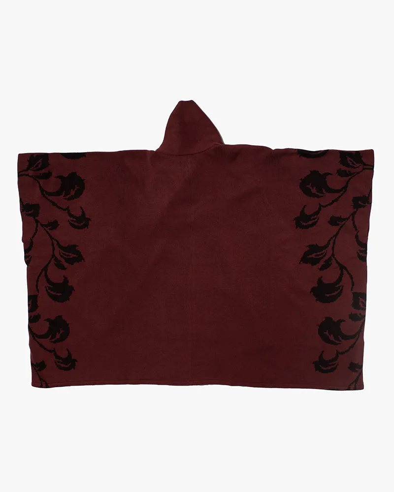 Wa-Modern, Poncho with Scarf, Burgundy with Black Vines