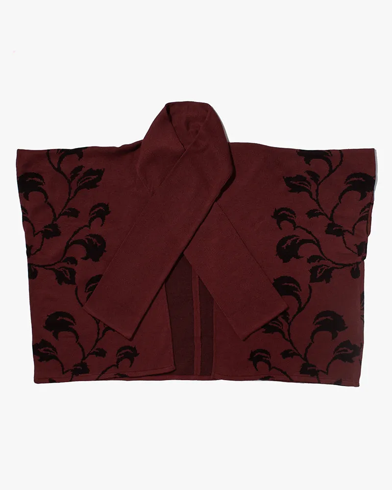 Wa-Modern, Poncho with Scarf, Burgundy with Black Vines