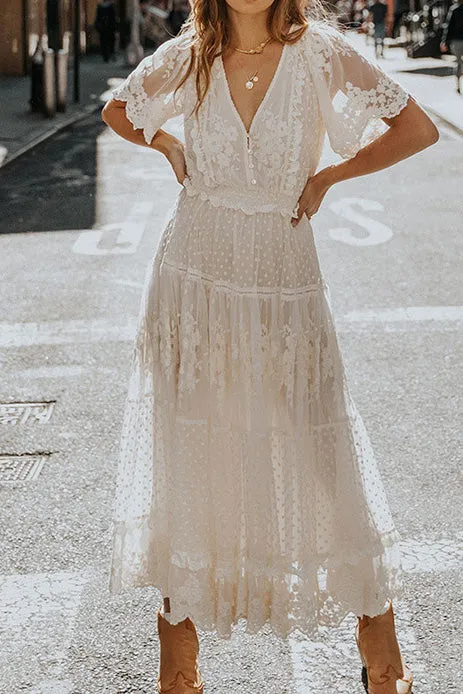 White Lace V-neck Maxi Dress