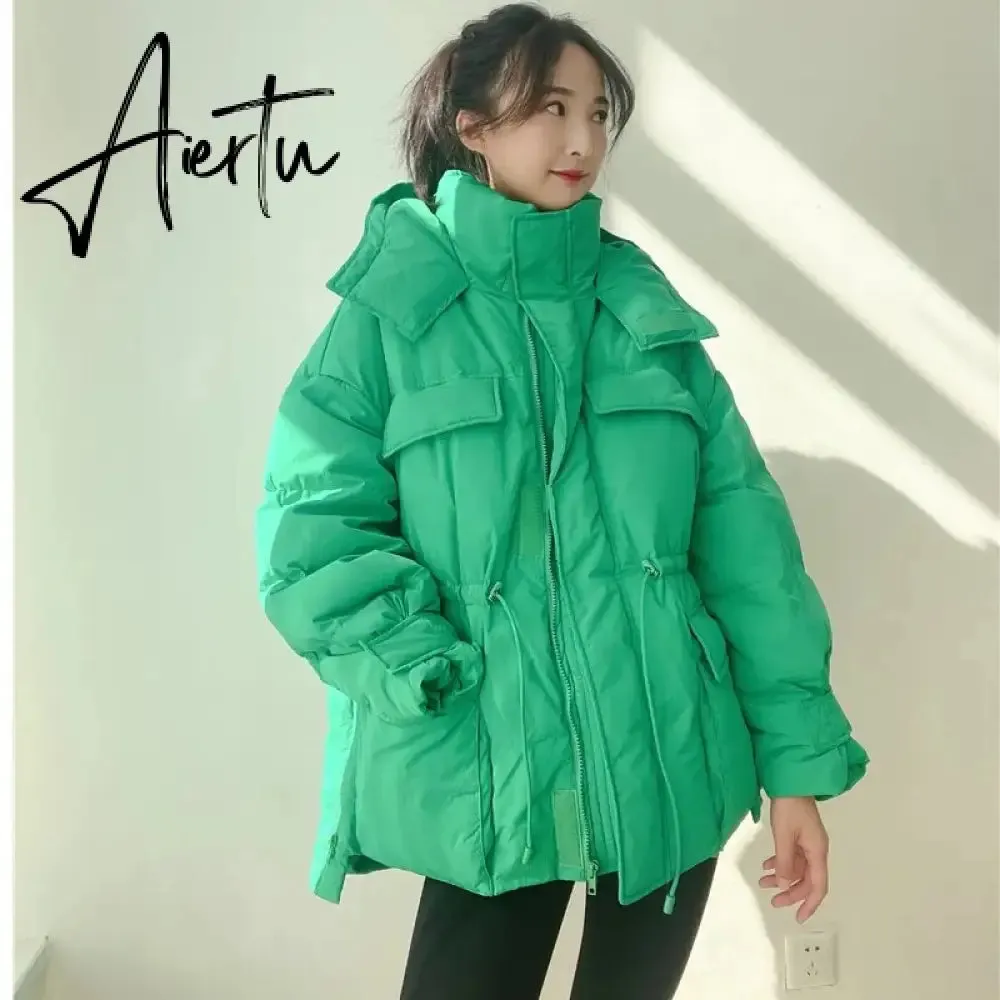 Winter Hooded Parkas Warm Jacket Women Down Cotton Coat Irregular Fluffy Bubble Drawcord Waist Outwear