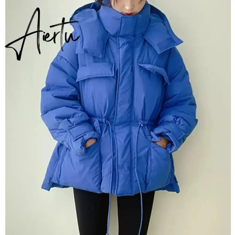 Winter Hooded Parkas Warm Jacket Women Down Cotton Coat Irregular Fluffy Bubble Drawcord Waist Outwear