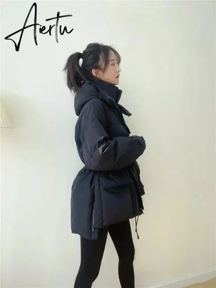 Winter Hooded Parkas Warm Jacket Women Down Cotton Coat Irregular Fluffy Bubble Drawcord Waist Outwear