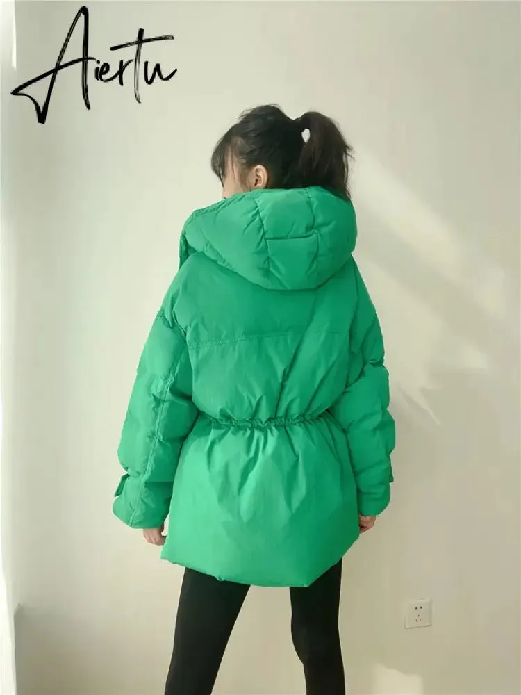 Winter Hooded Parkas Warm Jacket Women Down Cotton Coat Irregular Fluffy Bubble Drawcord Waist Outwear