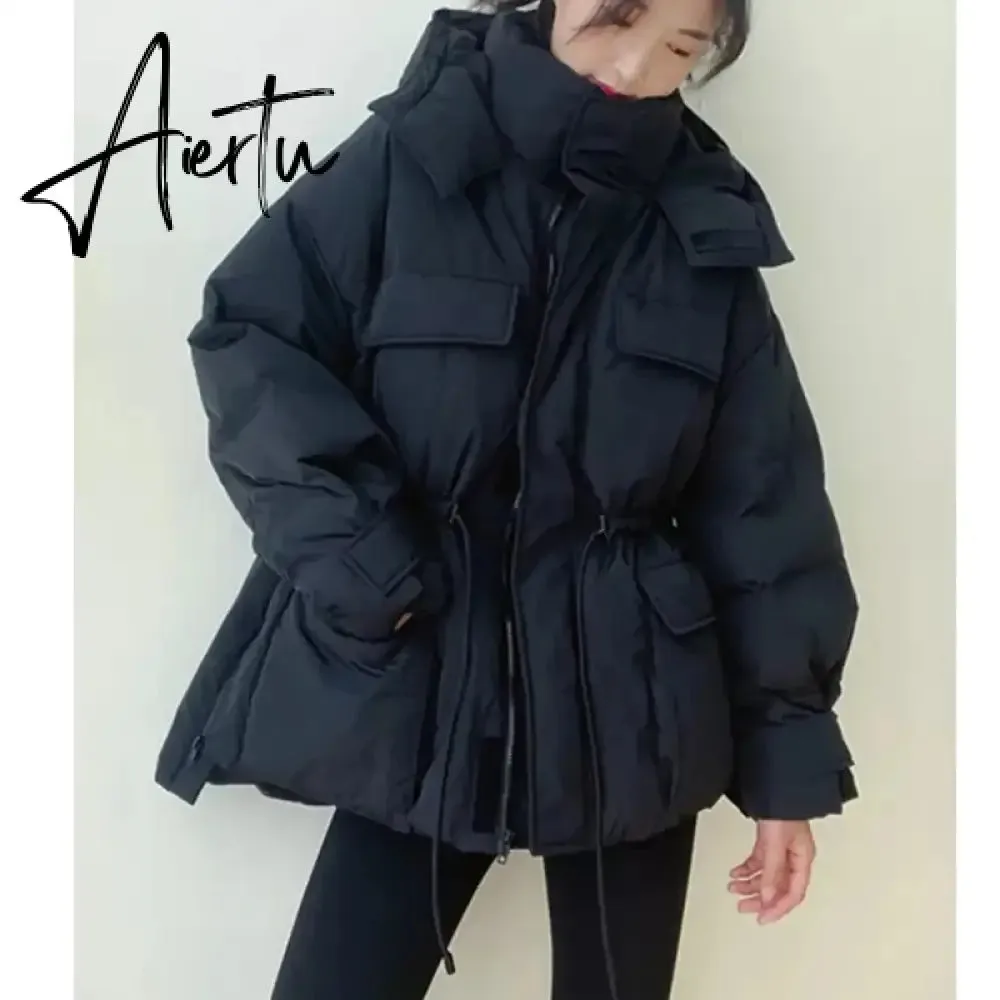 Winter Hooded Parkas Warm Jacket Women Down Cotton Coat Irregular Fluffy Bubble Drawcord Waist Outwear