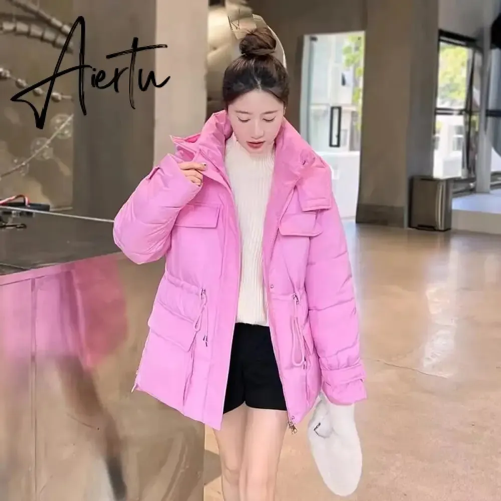 Winter Hooded Parkas Warm Jacket Women Down Cotton Coat Irregular Fluffy Bubble Drawcord Waist Outwear