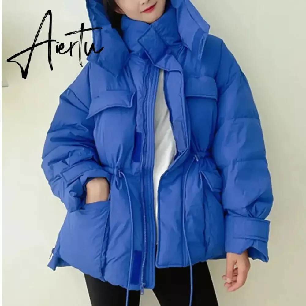 Winter Hooded Parkas Warm Jacket Women Down Cotton Coat Irregular Fluffy Bubble Drawcord Waist Outwear