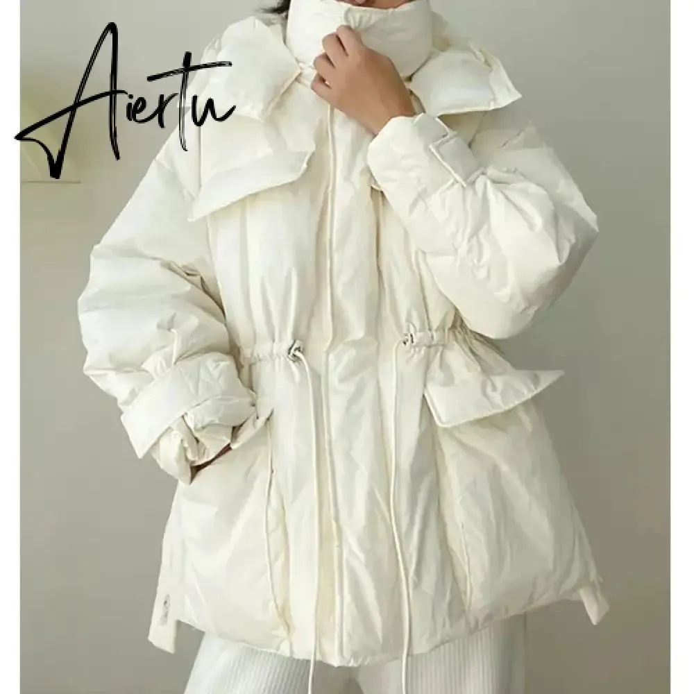 Winter Hooded Parkas Warm Jacket Women Down Cotton Coat Irregular Fluffy Bubble Drawcord Waist Outwear