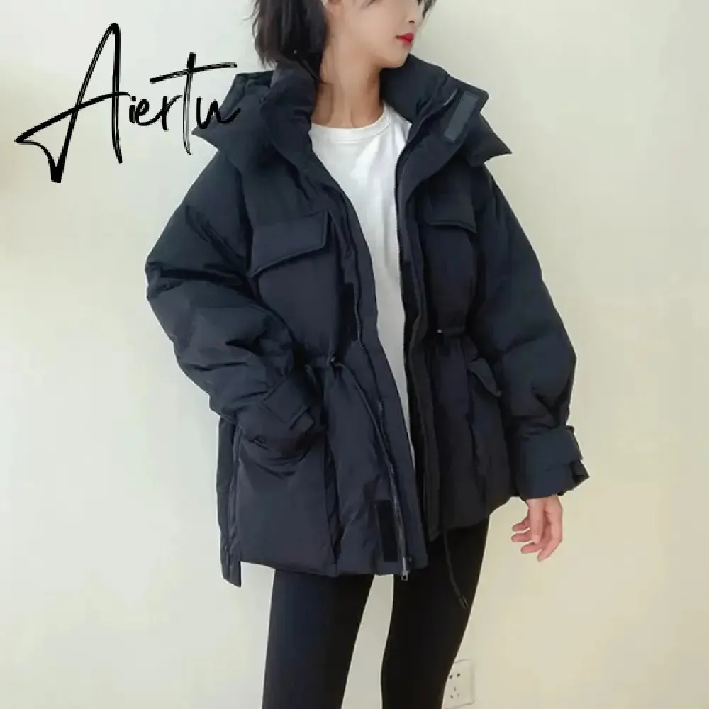 Winter Hooded Parkas Warm Jacket Women Down Cotton Coat Irregular Fluffy Bubble Drawcord Waist Outwear