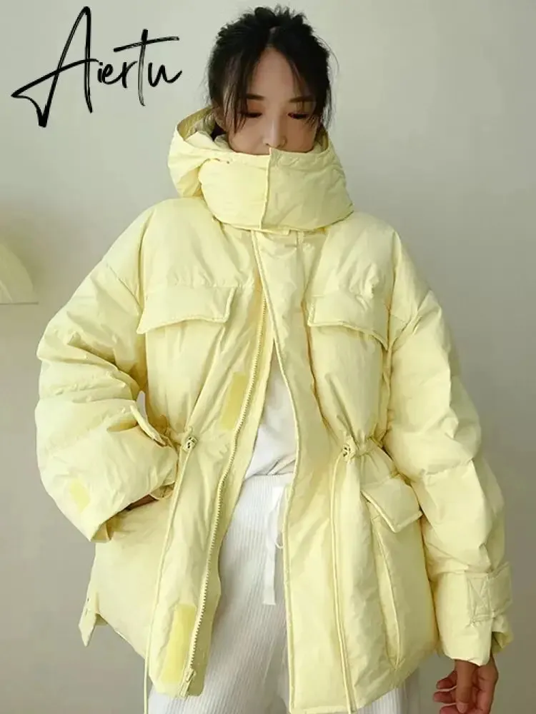 Winter Hooded Parkas Warm Jacket Women Down Cotton Coat Irregular Fluffy Bubble Drawcord Waist Outwear