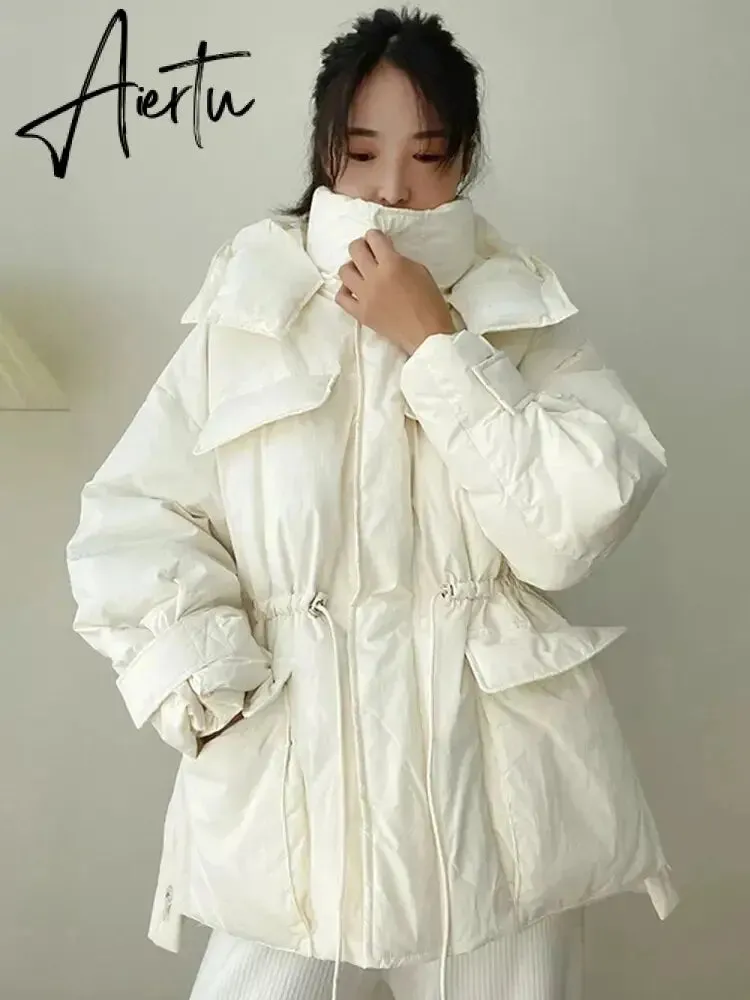 Winter Hooded Parkas Warm Jacket Women Down Cotton Coat Irregular Fluffy Bubble Drawcord Waist Outwear