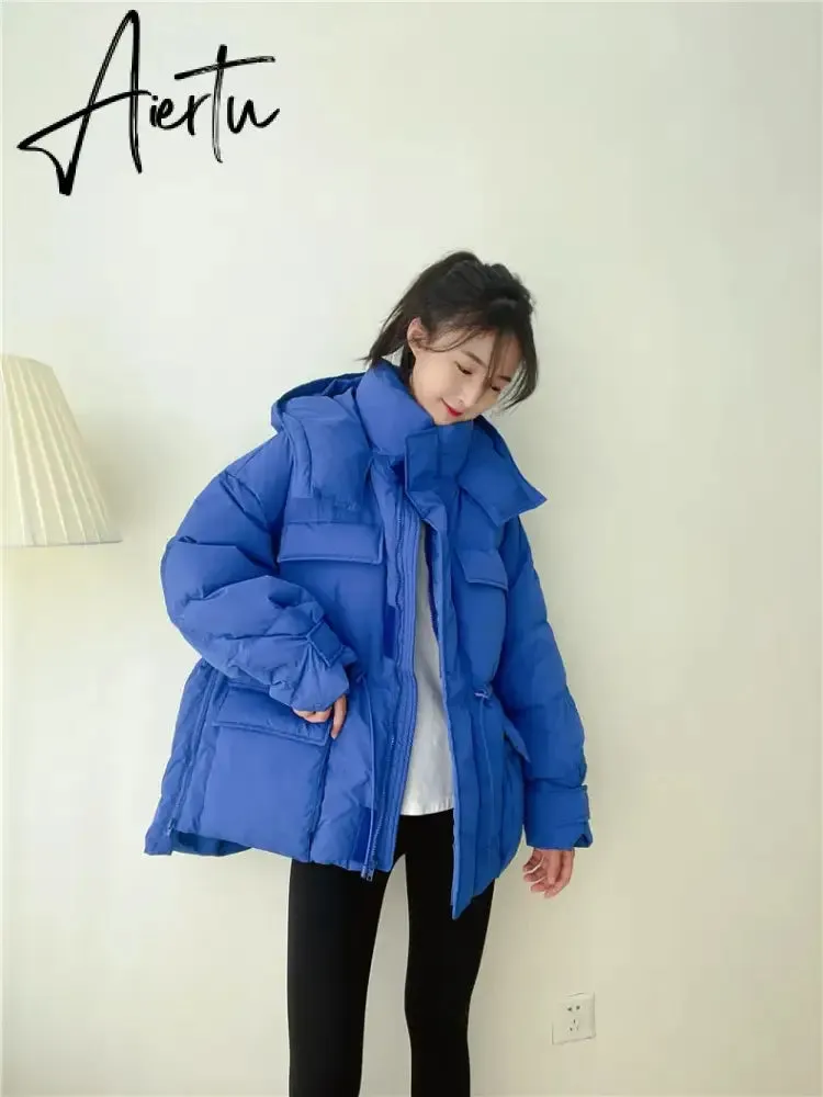 Winter Hooded Parkas Warm Jacket Women Down Cotton Coat Irregular Fluffy Bubble Drawcord Waist Outwear