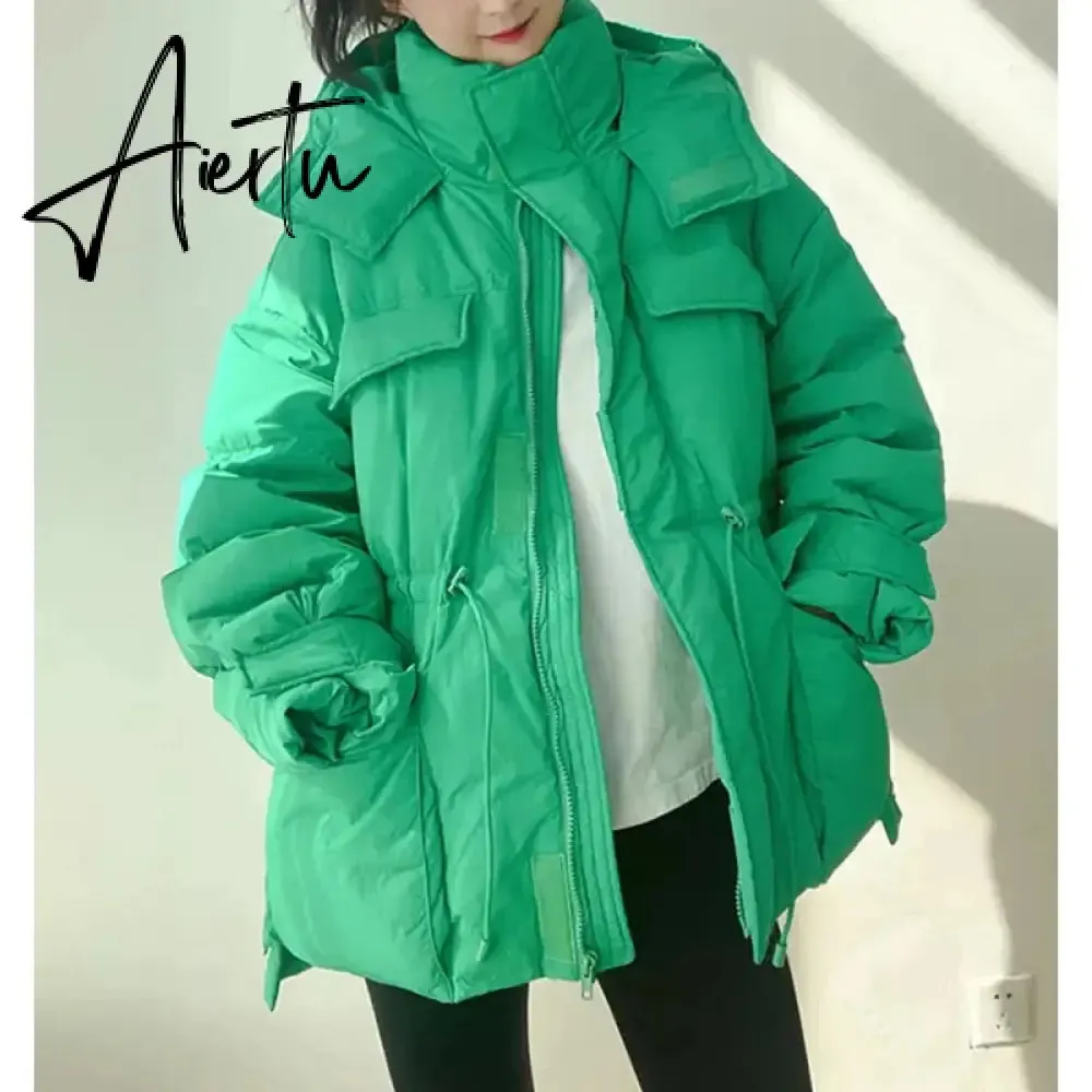 Winter Hooded Parkas Warm Jacket Women Down Cotton Coat Irregular Fluffy Bubble Drawcord Waist Outwear