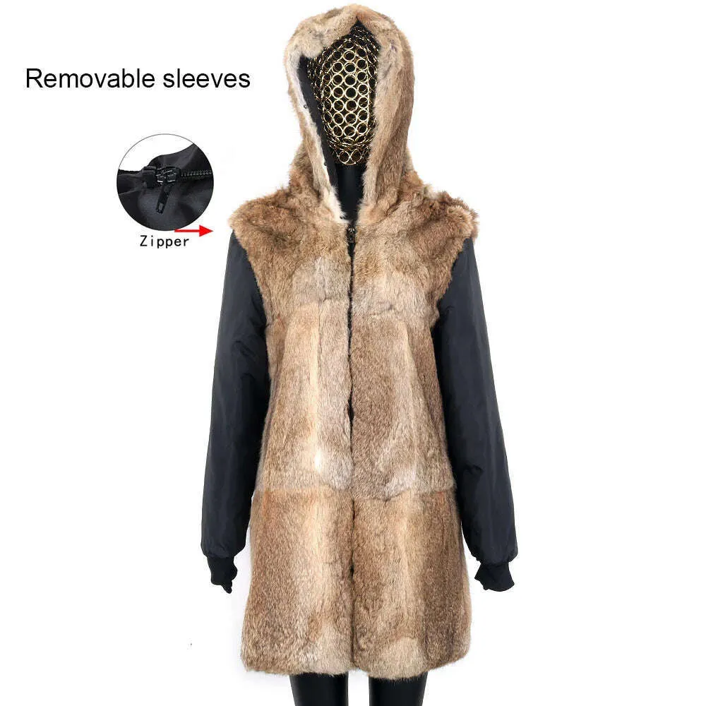 Winter Real Rabbit Fur Coat Women Long Jacket Waterproof Parkas Rex Rabbit Liner Removable Raccoon Fur Collar Hooded Outwear