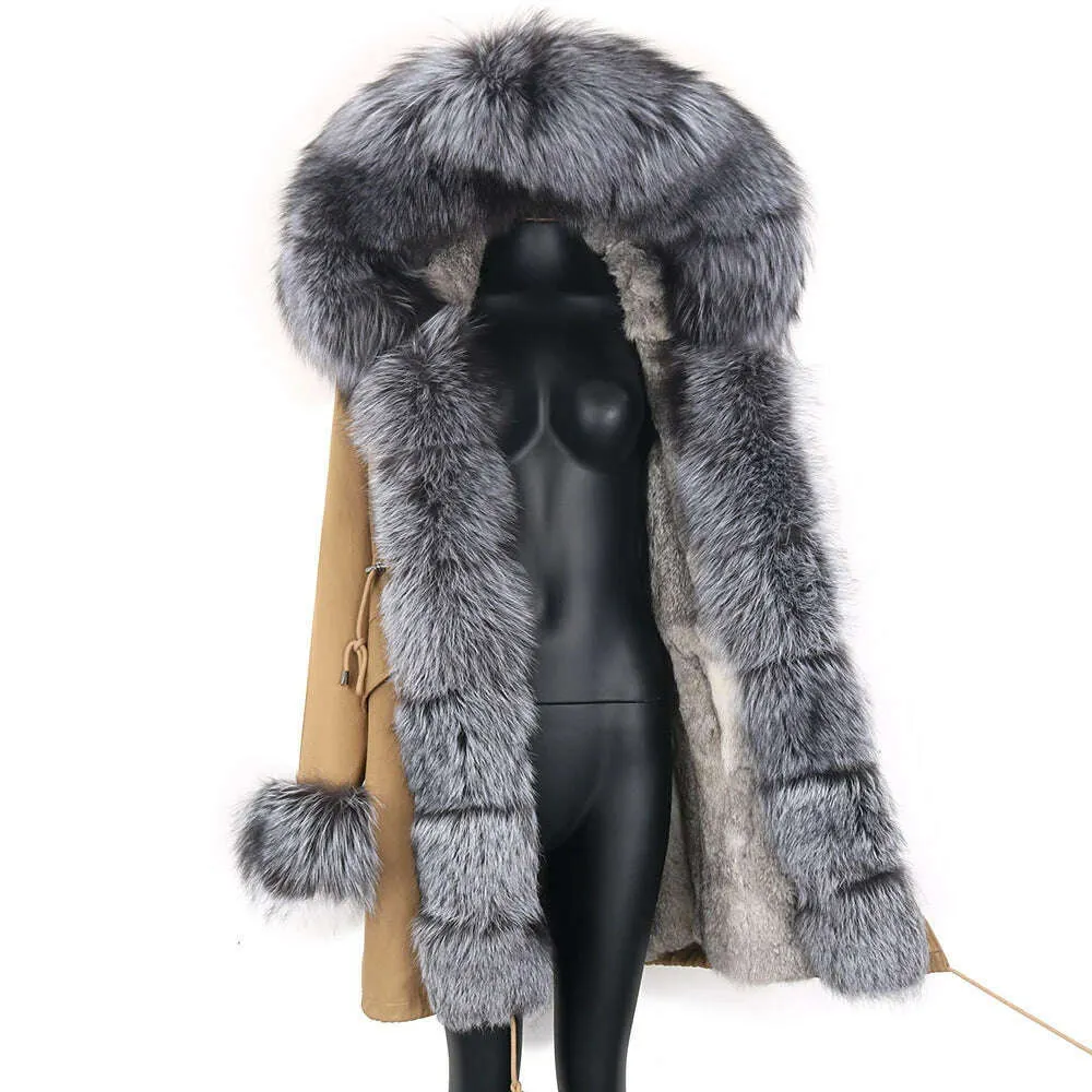 Winter Real Rabbit Fur Coat Women Long Jacket Waterproof Parkas Rex Rabbit Liner Removable Raccoon Fur Collar Hooded Outwear