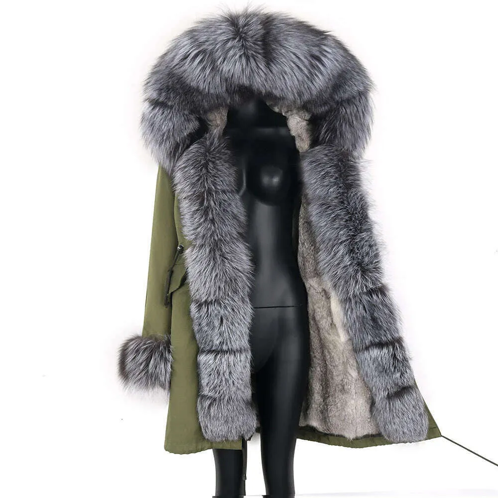 Winter Real Rabbit Fur Coat Women Long Jacket Waterproof Parkas Rex Rabbit Liner Removable Raccoon Fur Collar Hooded Outwear