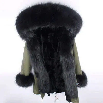 Winter Real Rabbit Fur Coat Women Long Jacket Waterproof Parkas Rex Rabbit Liner Removable Raccoon Fur Collar Hooded Outwear