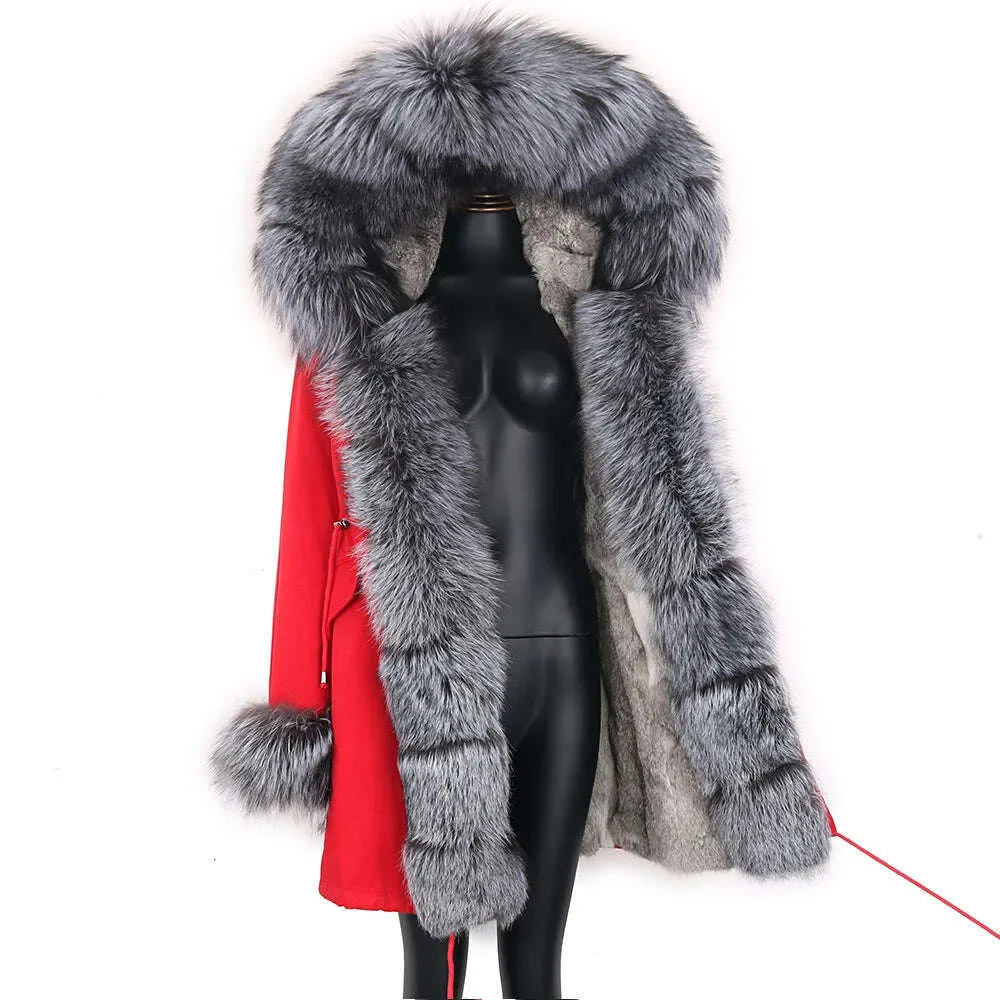 Winter Real Rabbit Fur Coat Women Long Jacket Waterproof Parkas Rex Rabbit Liner Removable Raccoon Fur Collar Hooded Outwear