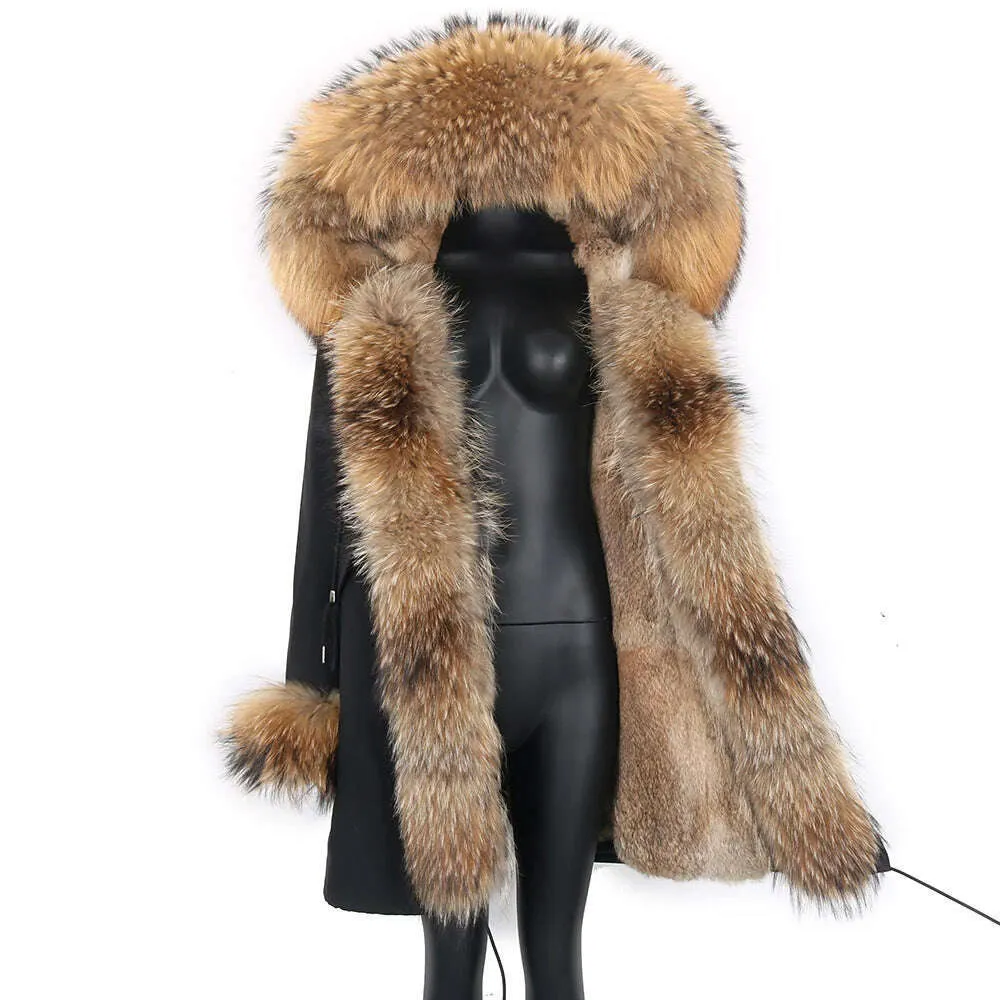 Winter Real Rabbit Fur Coat Women Long Jacket Waterproof Parkas Rex Rabbit Liner Removable Raccoon Fur Collar Hooded Outwear