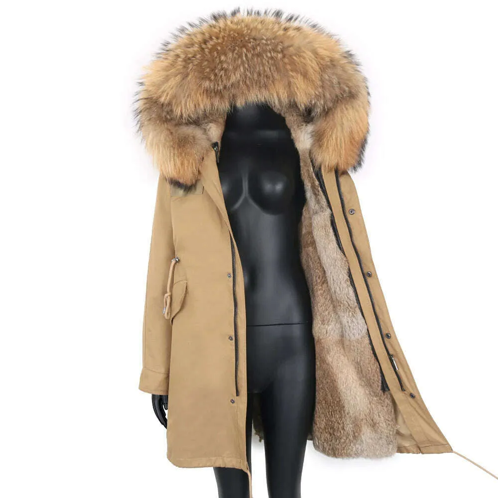 Winter Real Rabbit Fur Coat Women Long Jacket Waterproof Parkas Rex Rabbit Liner Removable Raccoon Fur Collar Hooded Outwear