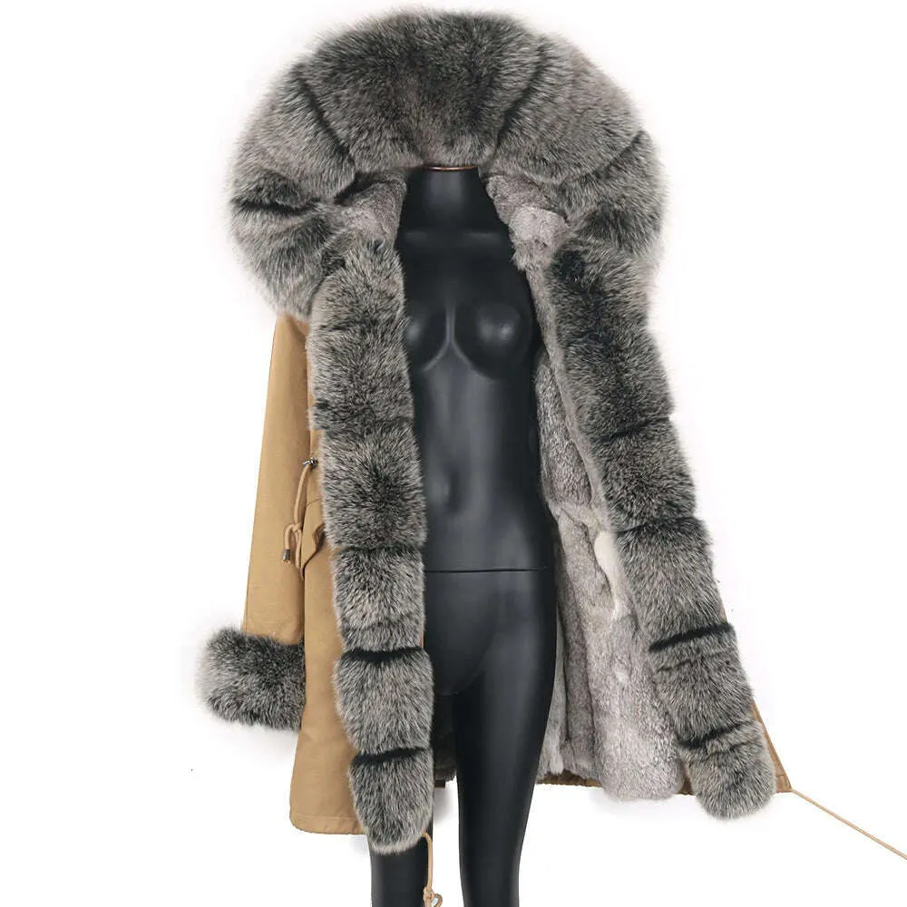 Winter Real Rabbit Fur Coat Women Long Jacket Waterproof Parkas Rex Rabbit Liner Removable Raccoon Fur Collar Hooded Outwear