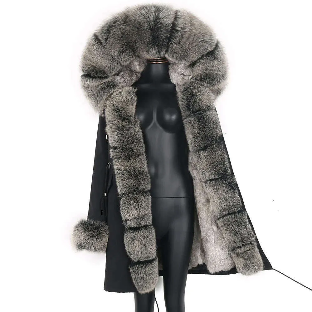 Winter Real Rabbit Fur Coat Women Long Jacket Waterproof Parkas Rex Rabbit Liner Removable Raccoon Fur Collar Hooded Outwear